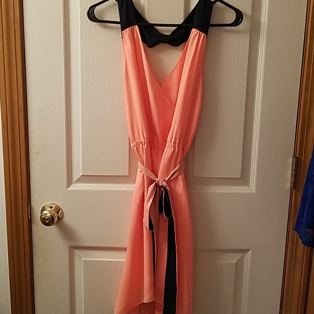 Coral and navy dress with a tie waist